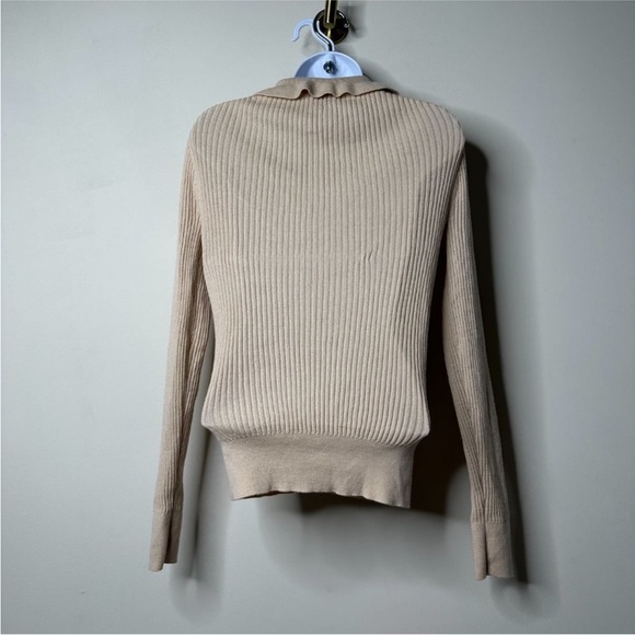J. Crew Ruffle-Collar Ribbed Merino Wool Polo Sweater medium warm almond cream - Picture 5 of 7